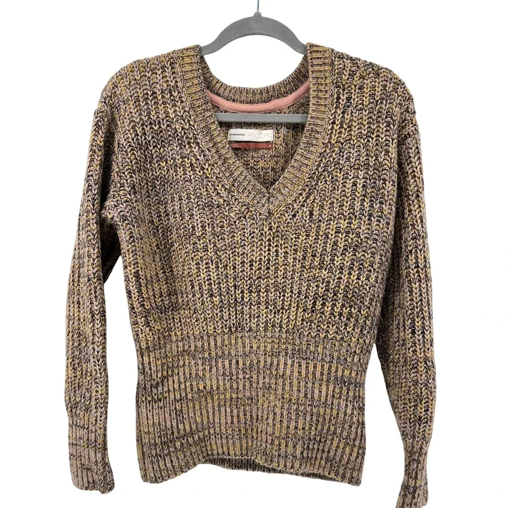 Anthropologie‎ Pilcro Marled Chunky V-Neck wool mix Knit Sweater Size M brown